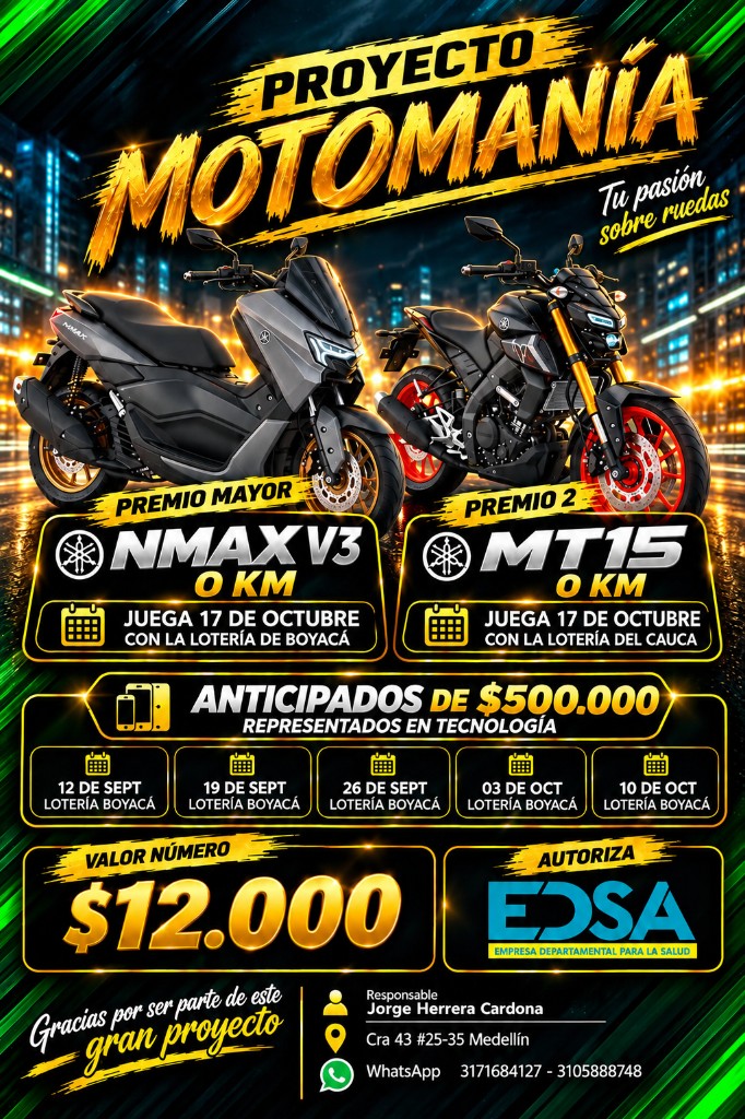 Proyecto Motomanía — Nmax V3 y MT15 2027 · 17 de octubre · $12.000 el nro